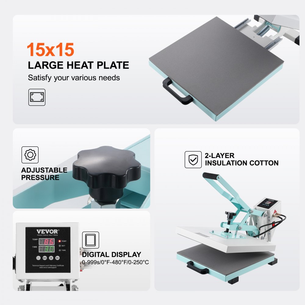 VEVOR Heat Press Machine 15" x 15" Digital Slide Out Heat Transfer Machine, for T-Shirts/Pillows/Bags, Fast and Even Heating, 2-Layer Insulation Cotton, Heat Transfer Machine, Precise Control, Green