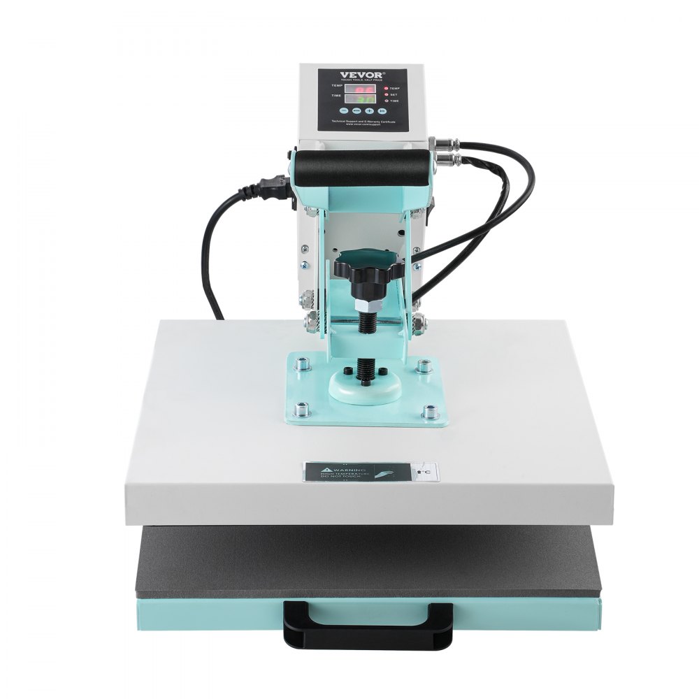 VEVOR heat press machine with digital controls and dual platform, featuring turquoise accents.