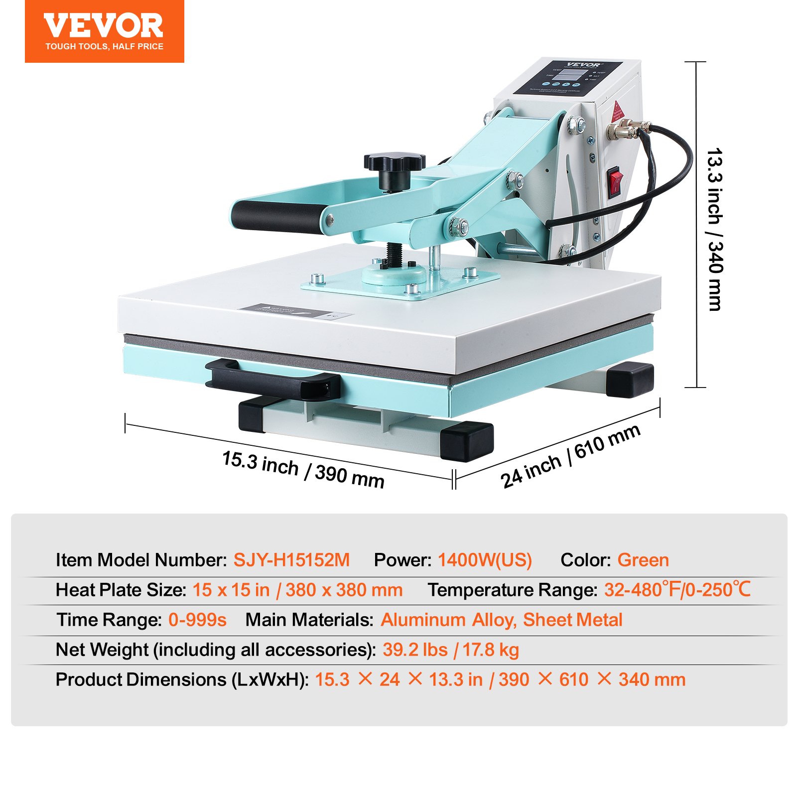 VEVOR Heat Press, 15 x 15 inch Digital Heat Press Machine, Slide Out Heat Transfer Machine, Fast and Even Heating, 2-Layer Insulation Cotton, Heat Transfer Machine for T-Shirts/Pillows/Bags, Green