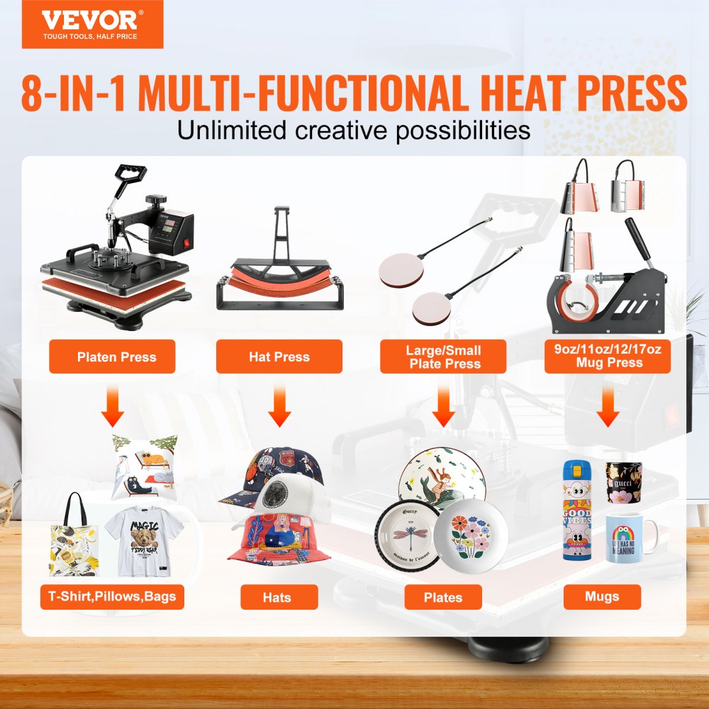 VEVOR Heat Press Machine 12 x 15 in 8-in-1 Combo Digital Multifunctional, for Printing T Shirts Mug Cap Hat Plate, Sublimation Heat Transfer Machine with 360 Degree Rotation Swing Away, Fast Heating