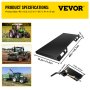 VEVOR skid steer attachment specs with images of green tractors in farming scenarios.