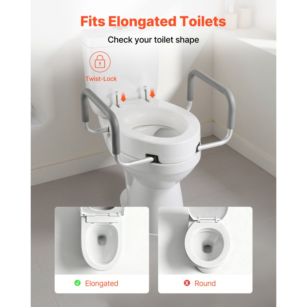 VEVOR Raised Toilet Seat with Arms, 136.1 kg Load Capacity, 88.9 mm Lift Height, Widened Commode Elevated Toilet Seat Riser with Padded Handles for Seniors, Elderly, Handicap, Disabled, and Adults