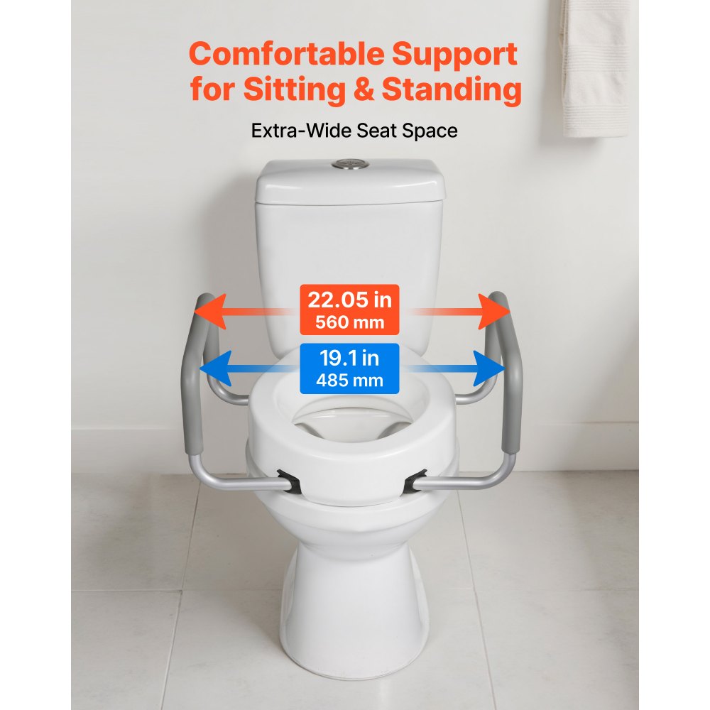 VEVOR Raised Toilet Seat with Arms, 136.1 kg Load Capacity, 88.9 mm Lift Height, Widened Commode Elevated Toilet Seat Riser with Padded Handles for Seniors, Elderly, Handicap, Disabled, and Adults