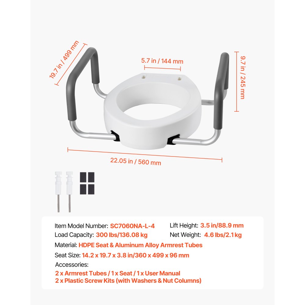 VEVOR Raised Toilet Seat with Arms, 136.1 kg Load Capacity, 88.9 mm Lift Height, Widened Commode Elevated Toilet Seat Riser with Padded Handles for Seniors, Elderly, Handicap, Disabled, and Adults