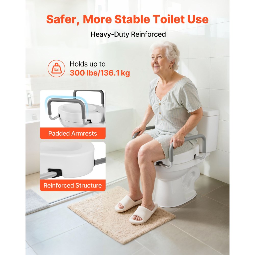 VEVOR Raised Toilet Seat with Arms, 300 lbs Load Capacity, 3.5-Inch Lift Height, Widened Commode Elevated Toilet Seat Riser with Padded Handles for Seniors, Elderly, Handicap, Disabled, and Adults