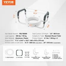 VEVOR Raised Toilet Seat, 3.5" Height Raised, 300 lbs Weight Capacity, for Standard Round Toilet, Aluminum Handrail, with EVA Armrest Padding, for Elderly, Handicap, Patient, Pregnant, Medical