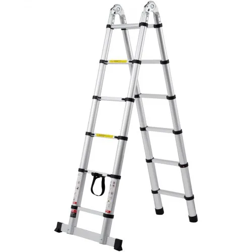 Telescopische Ladder, 2,6 m lang, Aluminium Uitschuifladder, Opvouwbare Ladder met Intrekknop, Draagvermogen 160 kg met Antislipvoetjes, Draagbare Compacte Ladder voor Thuis, Camper, Zolder | NL
