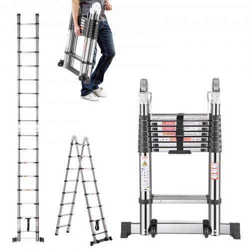 VEVOR Telescoping Ladder A Frame, 4985mm Stainless Steel Extension Ladder, Multi-Button Retraction Portable Collapsible RV Ladders, 150 kg Load Telescopic Ladders with Balance Bar for Home, RV, Loft