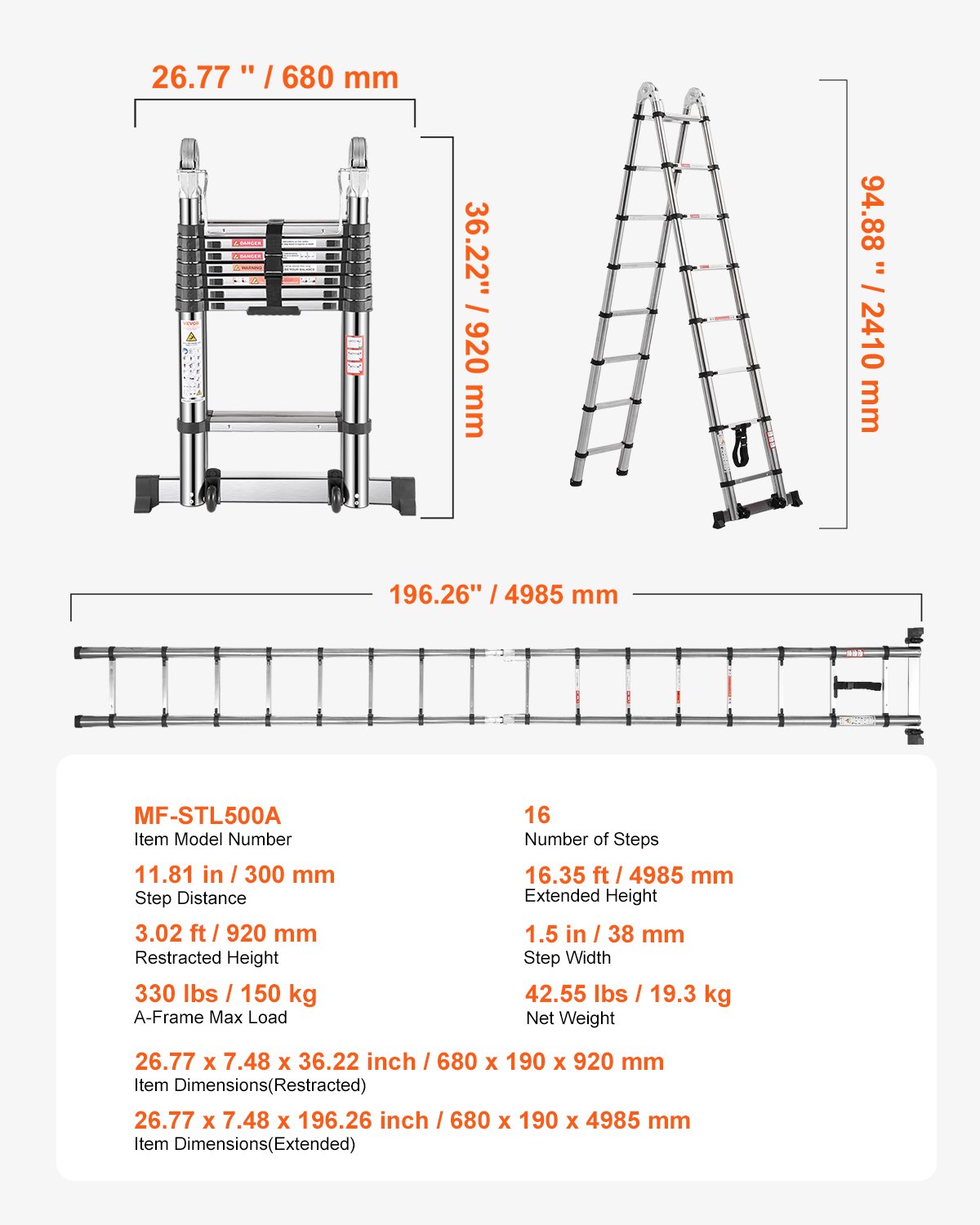VEVOR Telescoping Ladder A Frame, 4985mm Stainless Steel Extension Ladder, Multi-Button Retraction Portable Collapsible RV Ladders, 150 kg Load Telescopic Ladders with Balance Bar for Home, RV, Loft