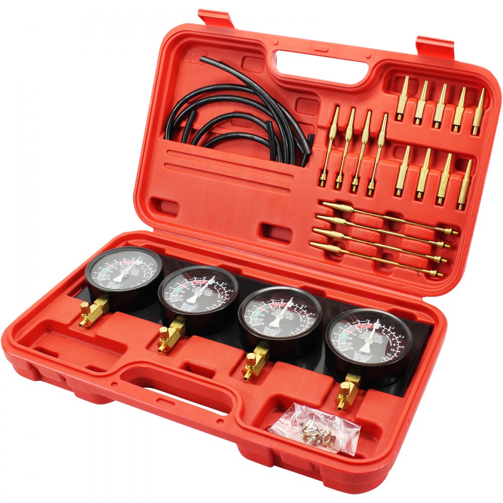 VEVOR carburetor synchronizer kit with gauges, hoses, and adapters in a red case.