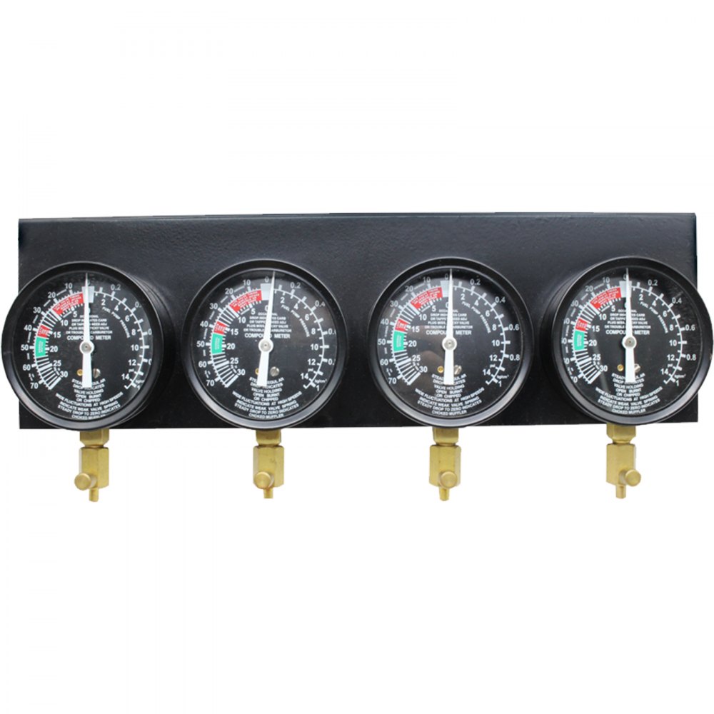 VEVOR carburetor synchronizer with four black vacuum gauges and brass control valves.
