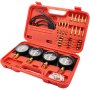 VEVOR carburetor synchronizer kit with gauges, hoses, and adapters in a red case.