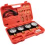 red case with VEVOR carburetor synchronizer, gauges, hoses, and brass fittings