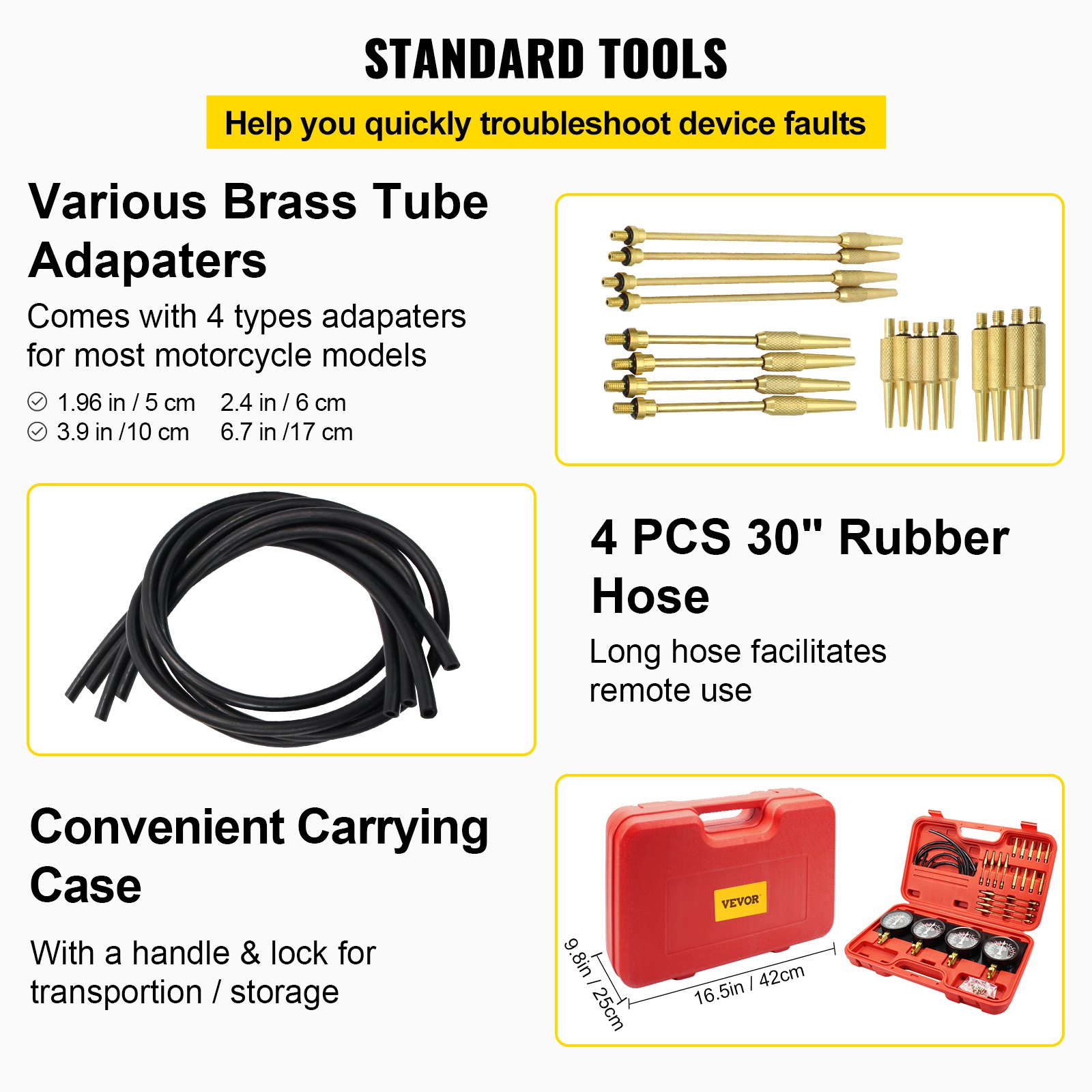 various brass tube adapters, 4 pcs 30&quot; rubber hose, and carrying case for VEVOR carburetor synchronizer