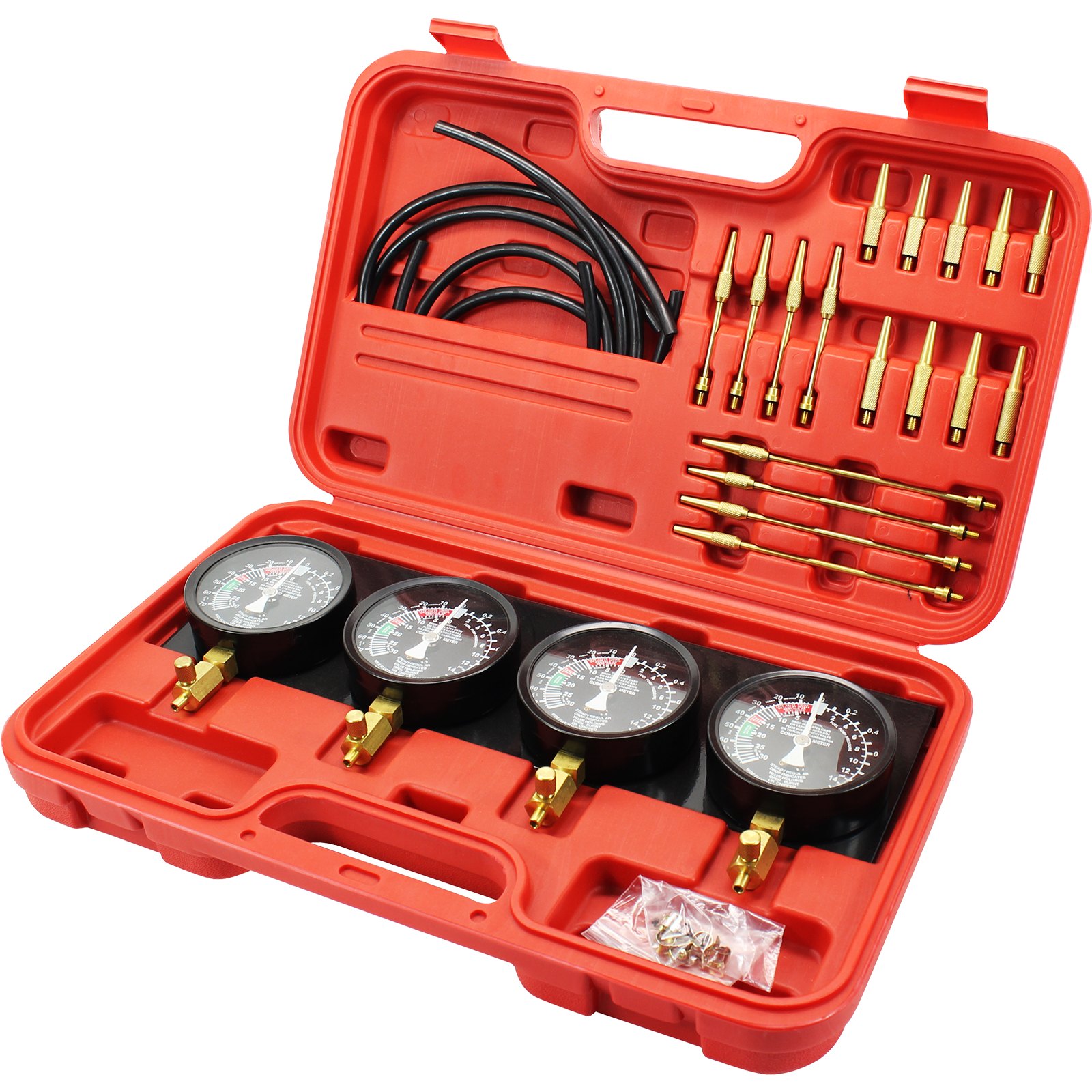 red case with VEVOR carburetor synchronizer gauges, hoses, and adapters neatly arranged.