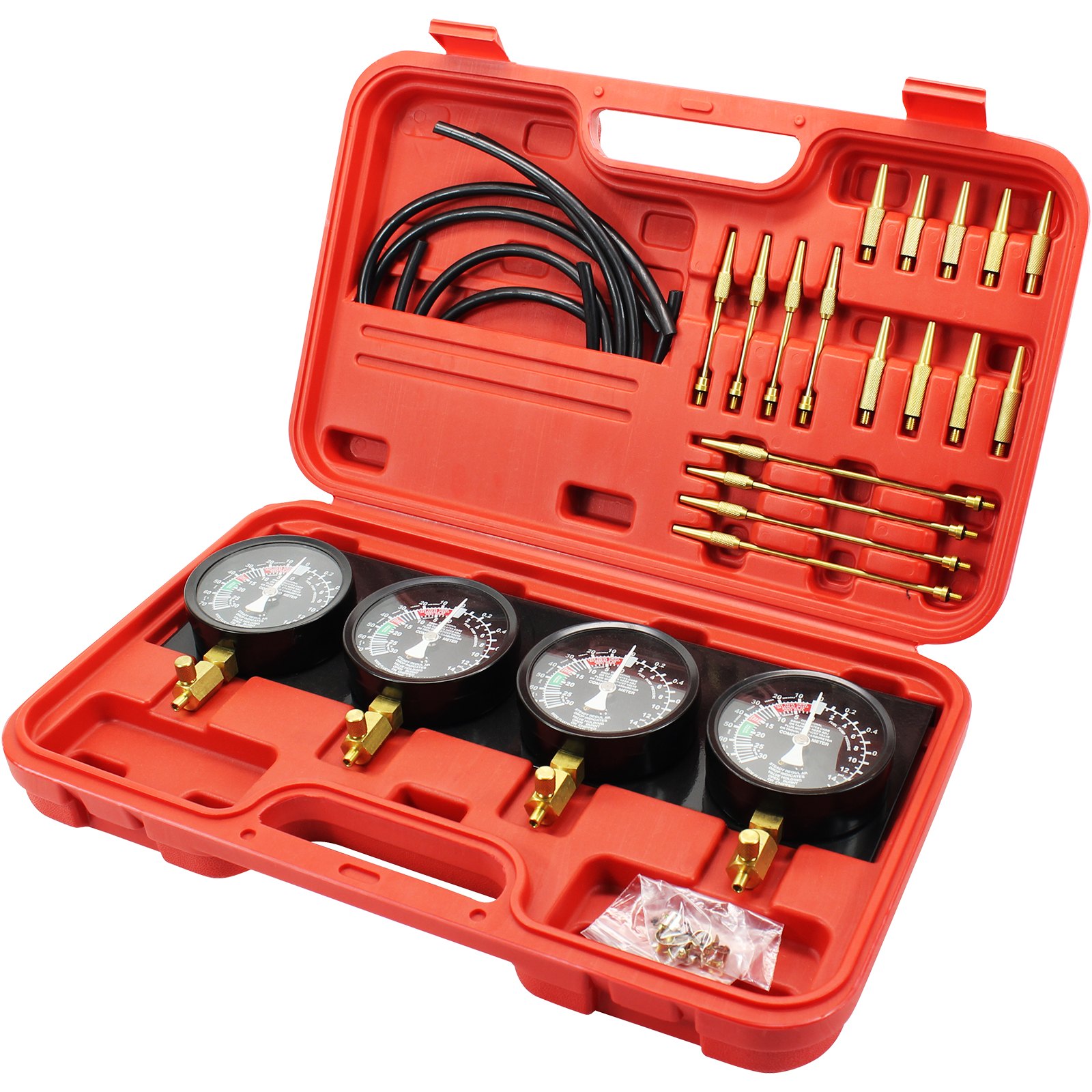 VEVOR carburetor synchronizer kit with gauges, hoses, and adapters in a red case.