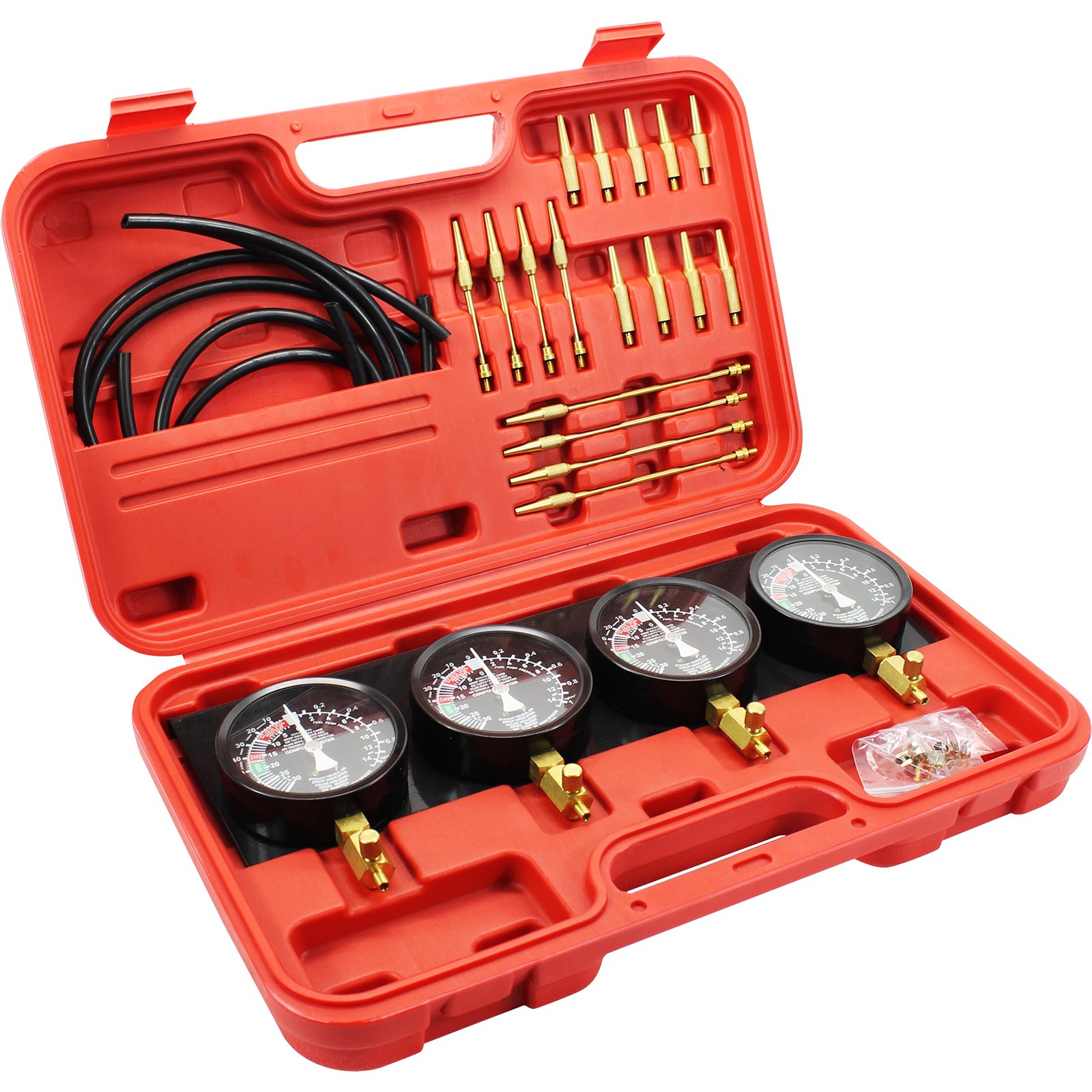 red case with VEVOR carburetor synchronizer, gauges, hoses, and brass fittings