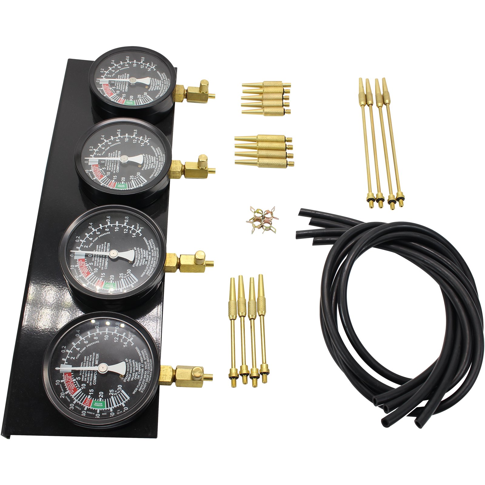 VEVOR carburetor synchronizer set with gauges, brass adapters, and black hoses.