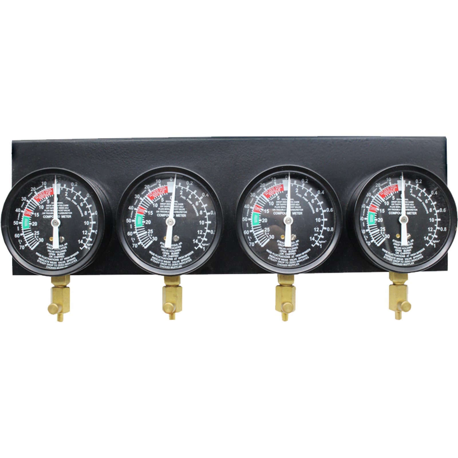 VEVOR carburetor synchronizer with four black vacuum gauges and brass control valves.
