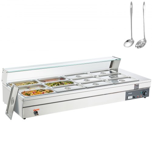 VEVOR 12-Pan Commercial Food Warmer, 12 x 8QT Electric Steam Table with Tempered Glass Cover, 1800W Countertop Stainless Steel Buffet Bain Marie 86-185°F Temp Control for Catering, Restaurant, Silver