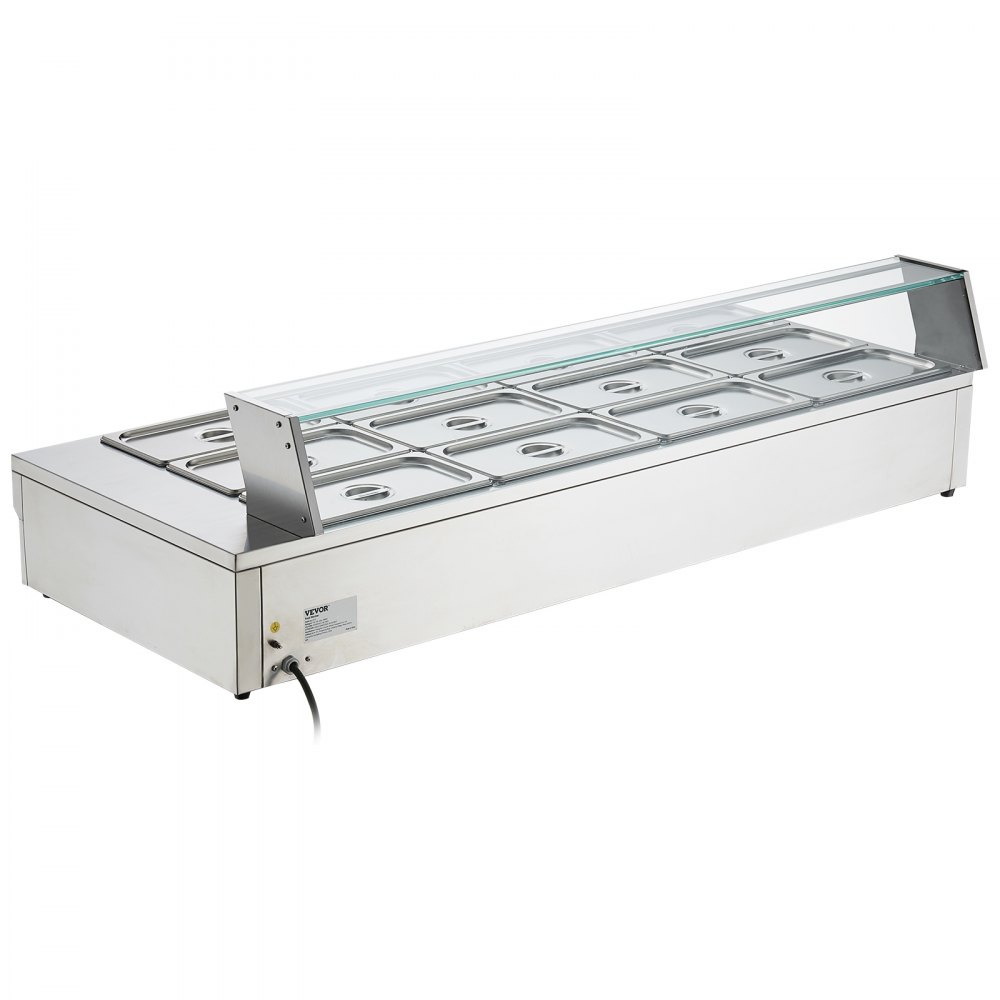 VEVOR 12-Pan Commercial Food Warmer, 12 x 8QT Electric Steam Table with Tempered Glass Cover, 1800W Countertop Stainless Steel Buffet Bain Marie 86-185°F Temp Control for Catering, Restaurant, Silver