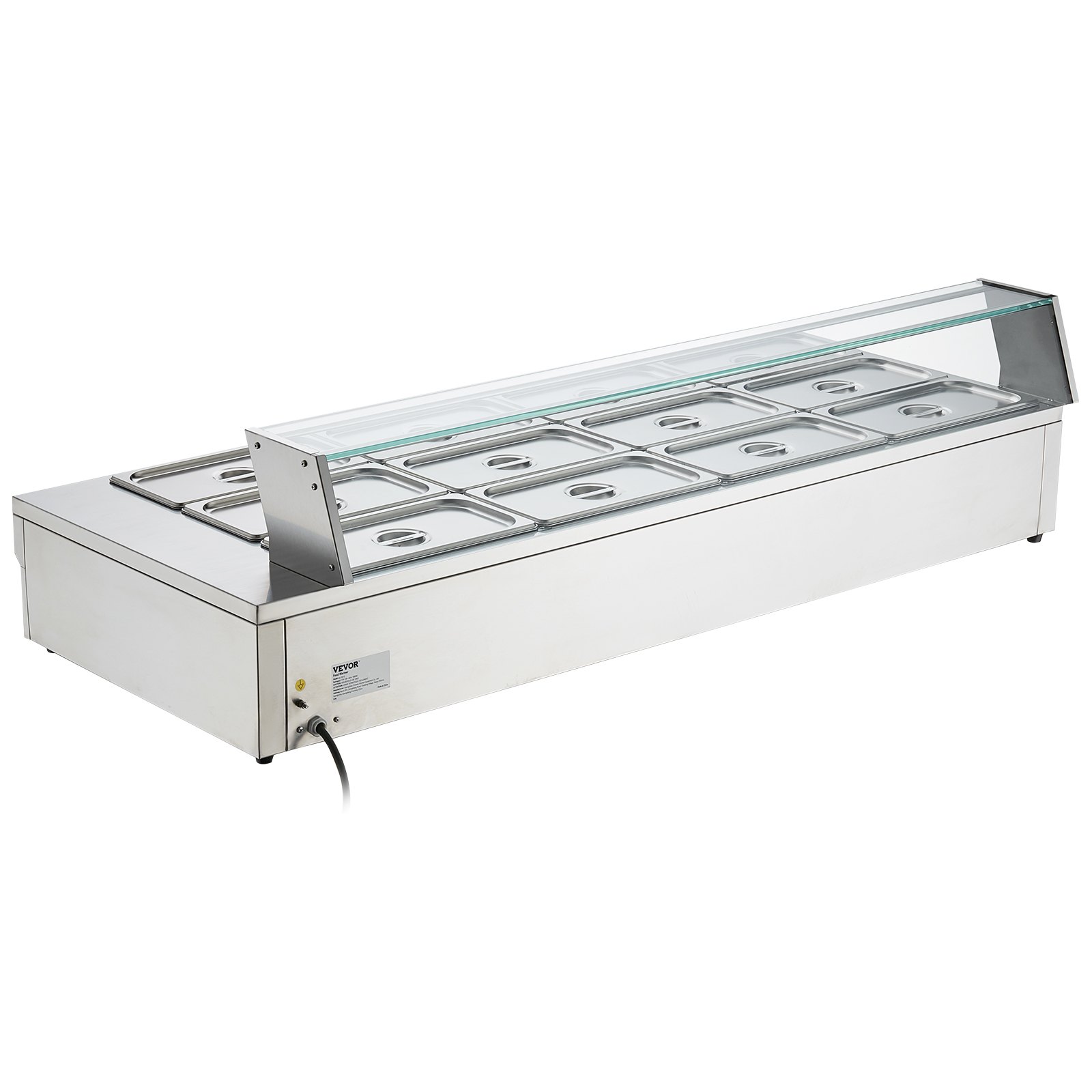 VEVOR 12-Pan Commercial Food Warmer, 12 x 8QT Electric Steam Table with Tempered Glass Cover, 1800W Countertop Stainless Steel Buffet Bain Marie 86-185°F Temp Control for Catering, Restaurant, Silver