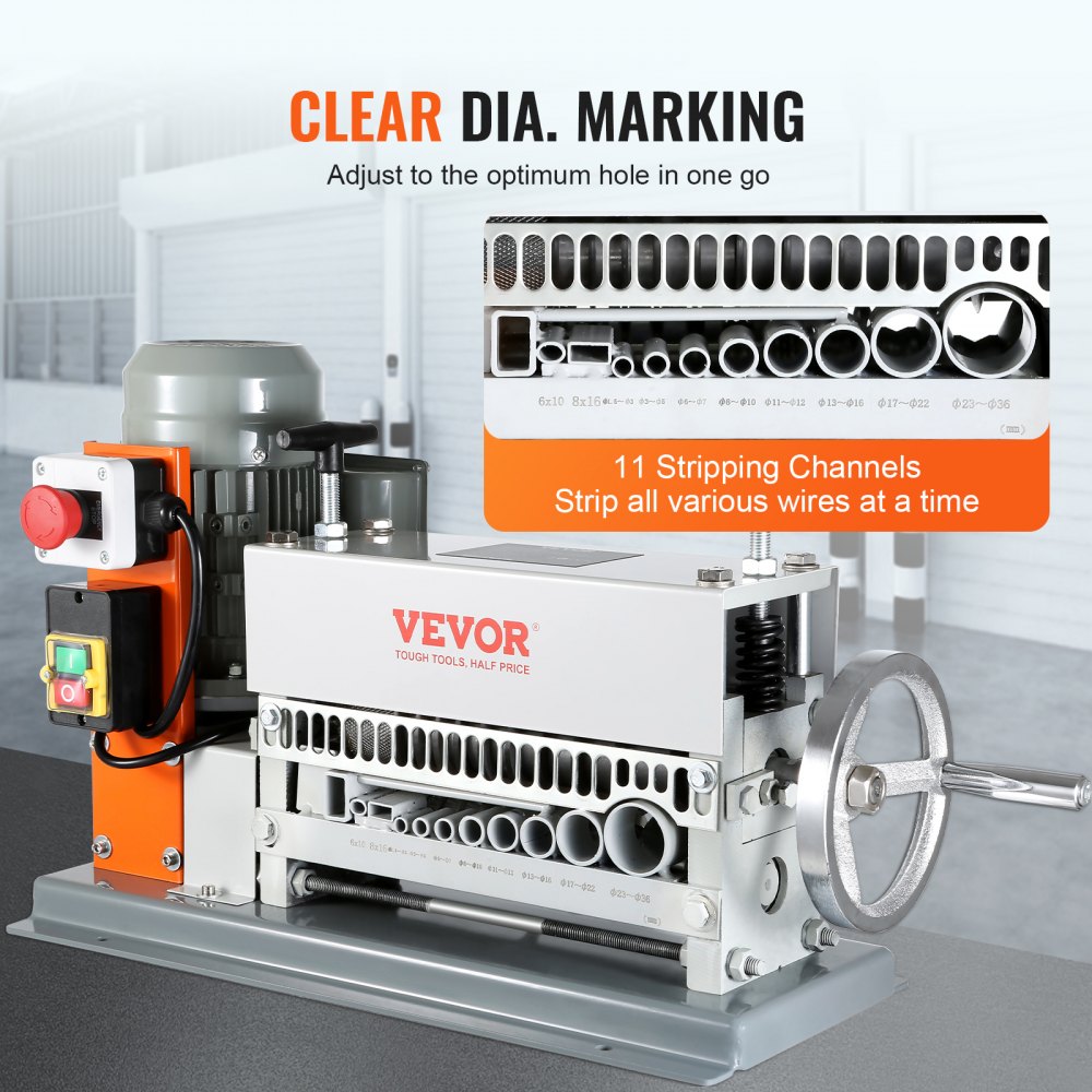 VEVOR Automatic Wire Stripping Machine, 1.5 mm-40 mm Electric Motorized Cable Stripper, 370W, 26.8 m/min Wire Peeler with An Extra Manual Crank, 11 Channels for Scrap Copper Recycling