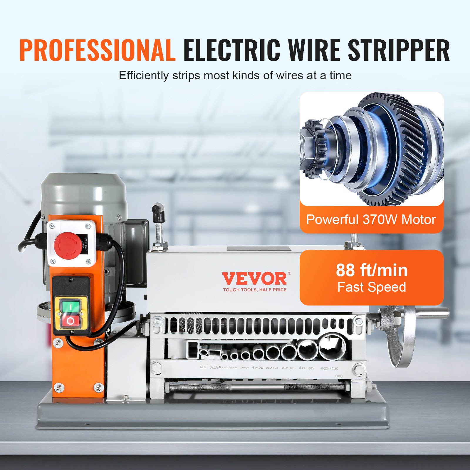 VEVOR Automatic Wire Stripping Machine, 1.5 mm-40 mm Electric Motorized Cable Stripper, 370W, 26.8 m/min Wire Peeler with An Extra Manual Crank, 11 Channels for Scrap Copper Recycling