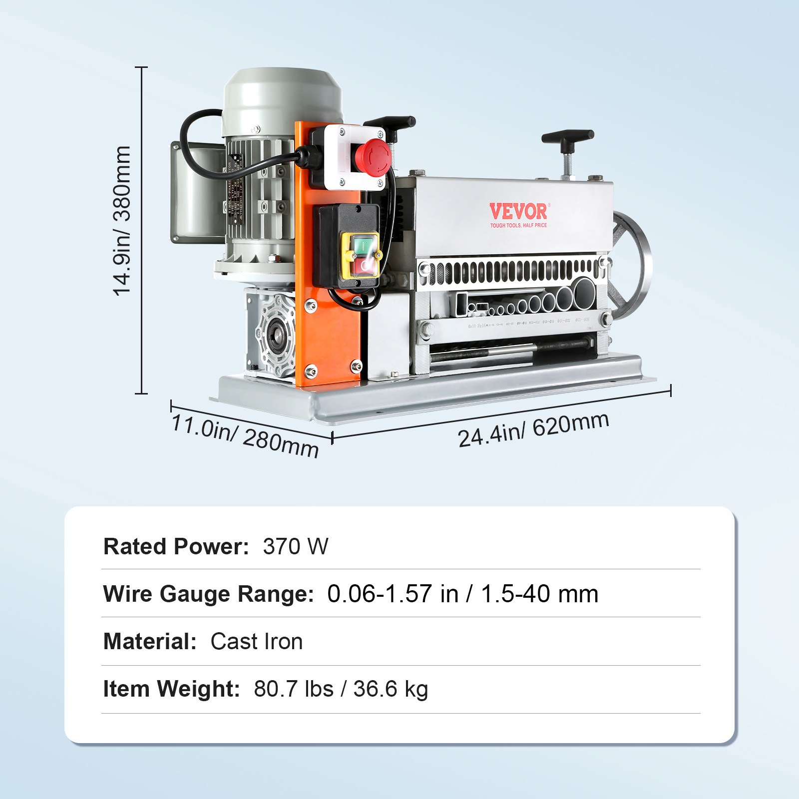 VEVOR Automatic Wire Stripping Machine, 1.5 mm-40 mm Electric Motorized Cable Stripper, 370W, 26.8 m/min Wire Peeler with An Extra Manual Crank, 11 Channels for Scrap Copper Recycling