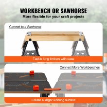Skládací pracovní stůl VEVOR, 2 v 1 jako Sawhorse & Workbench, kapacita 1 000 lb, 7 nastavitelných výšek, ocelové nohy, přenosný skládací stojan na nářadí se svorkou na dřevo, 4 lavice, 2 háky, snadné skladování v garáži