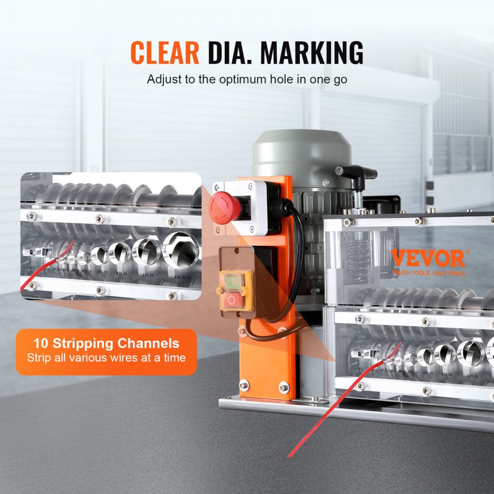 VEVOR Automatic Wire Stripping Machine, 1.5 mm-40 mm Electric Motorized Cable Stripper, 750W, 30m/min Wire Peeler with Visible Stripping Depth Reference, 10 Channels for Scrap Copper Recycling
