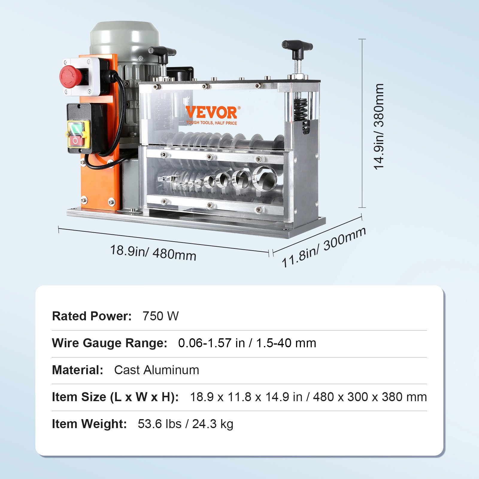 VEVOR Automatic Wire Stripping Machine, 1.5 mm-40 mm Electric Motorized Cable Stripper, 750W, 30m/min Wire Peeler with Visible Stripping Depth Reference, 10 Channels for Scrap Copper Recycling