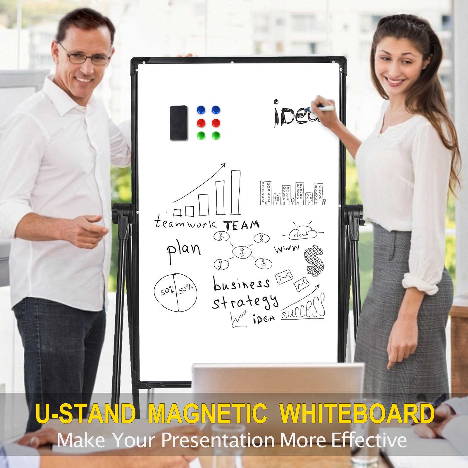 Single Sided Magnetic Whiteboard Stand 60x90cm Telescopic U-Stand Flipchart