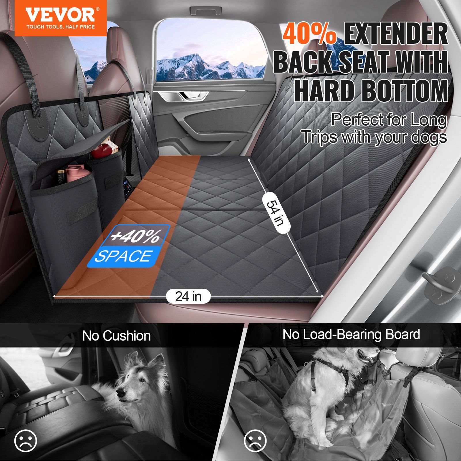 VEVOR Back Seat Extender for Dogs,Dog Hammock for Car Back seat,Waterproof Hard Bottom Dog Car Seat Cover for Back Seat 54"x24",Supports 400lbs with Mesh Window and Storage Pocket for Car, SUV