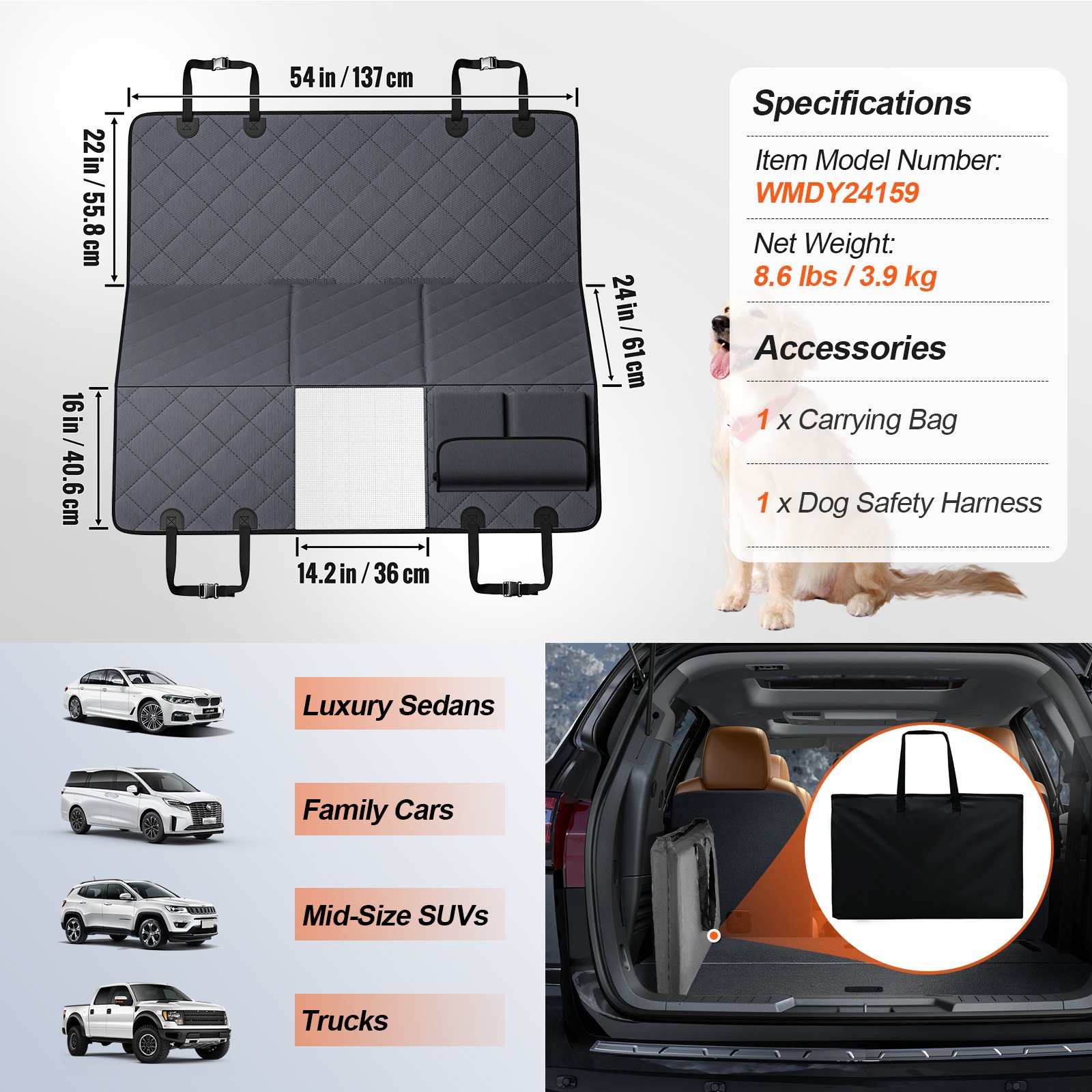 VEVOR Back Seat Extender for Dogs,Dog Hammock for Car Back seat,Waterproof Hard Bottom Dog Car Seat Cover for Back Seat 54"x24",Supports 400lbs with Mesh Window and Storage Pocket for Car, SUV