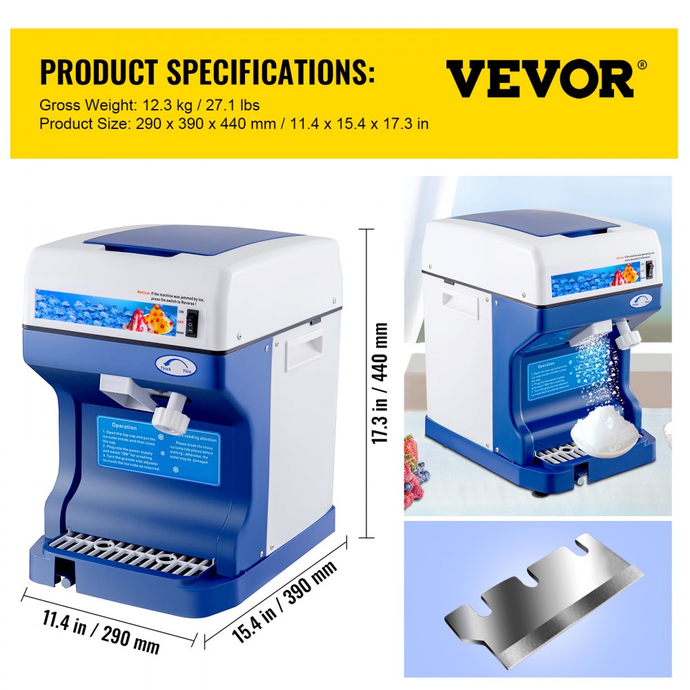 VEVOR 110V Electric Shaved Ice Machine 250W Snow Cone Maker Tabletop with Adjustable Ice Texture, Ice Shaving Machine 265LBs/hr for Home and Commerical Use