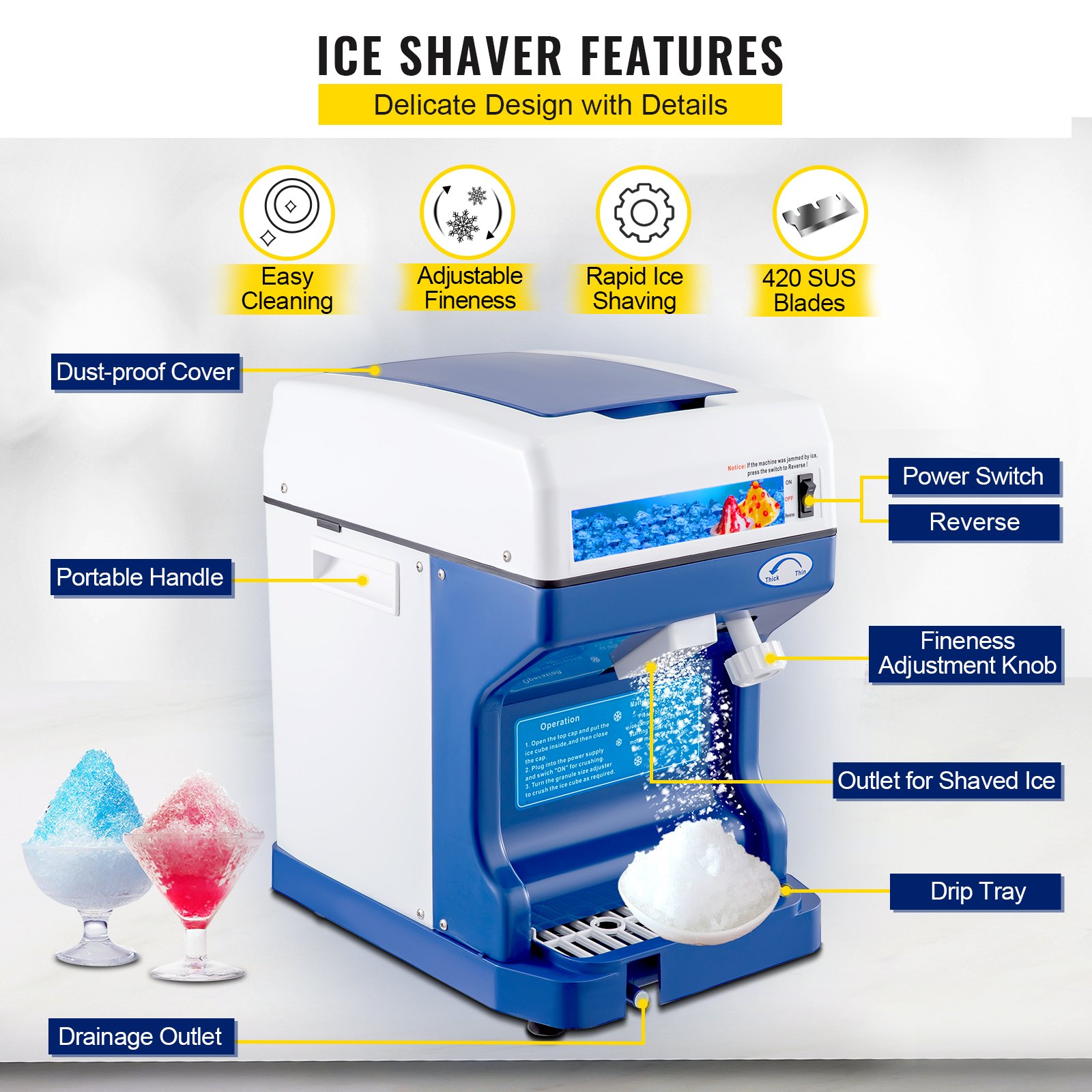 VEVOR 110V Electric Shaved Ice Machine 250W Snow Cone Maker Tabletop with Adjustable Ice Texture, Ice Shaving Machine 265LBs/hr for Home and Commerical Use