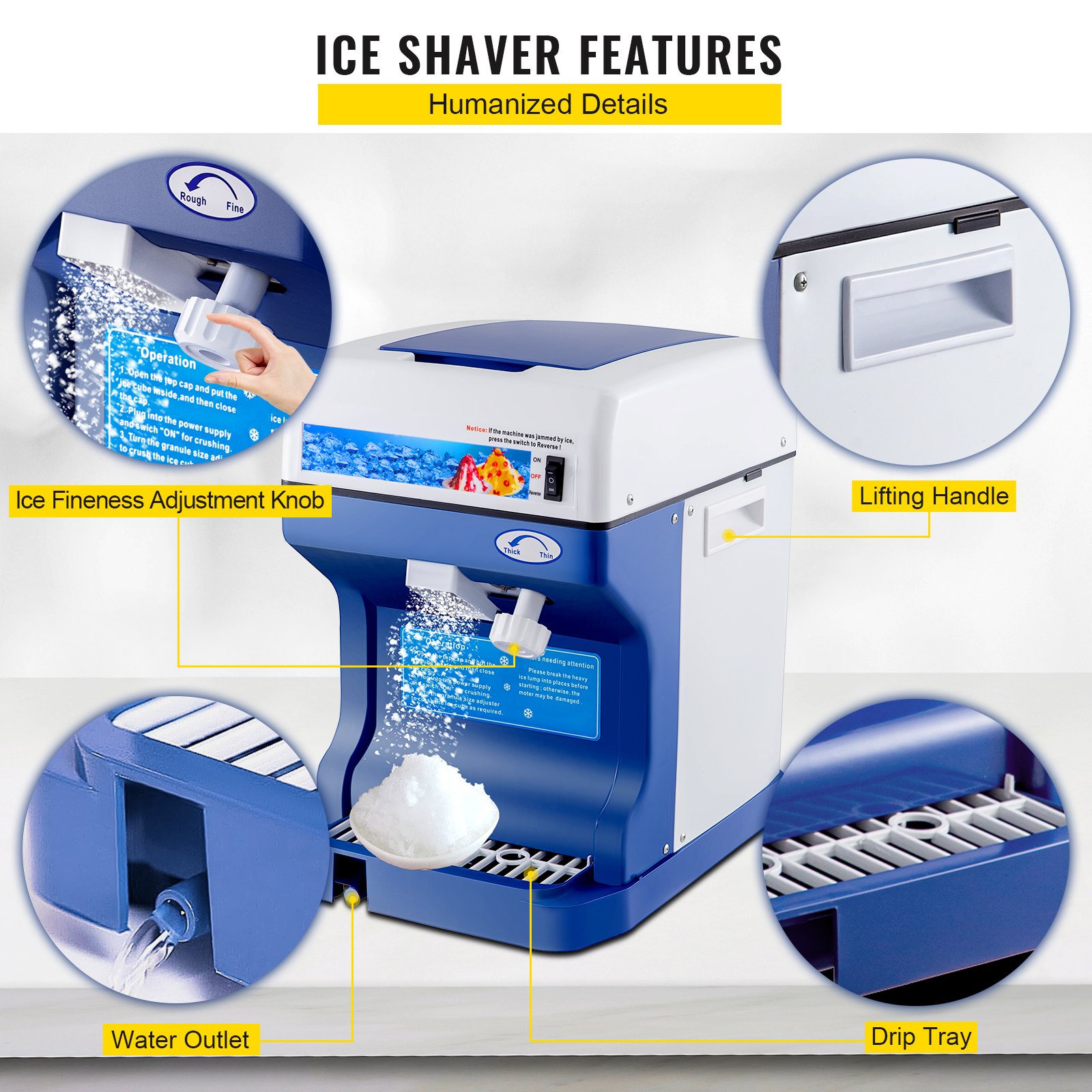 VEVOR 110V Electric Shaved Ice Machine 250W Snow Cone Maker Tabletop with Adjustable Ice Texture, Ice Shaving Machine 265LBs/hr for Home and Commerical Use