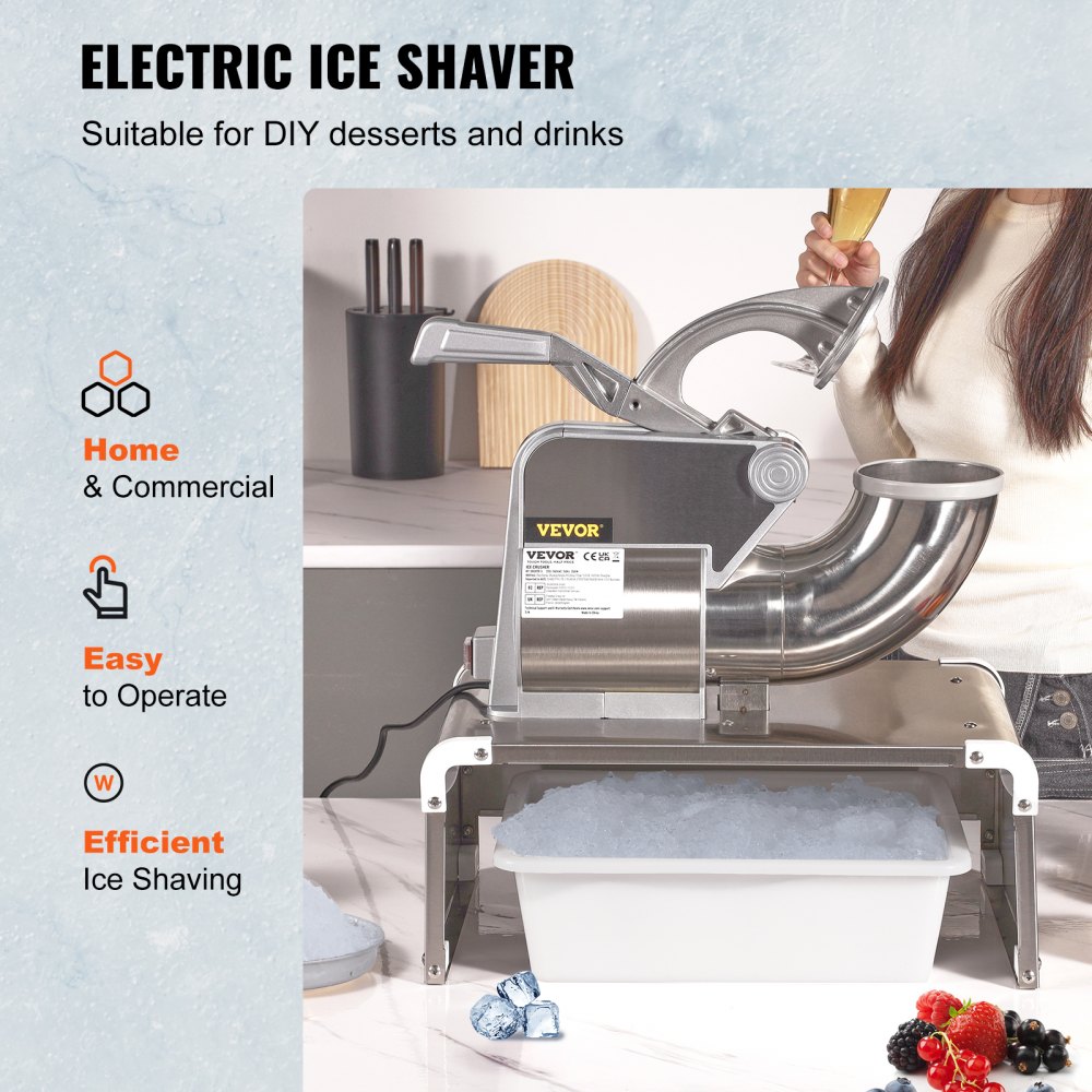 VEVOR Ice Shaver 110V Commercial Ice Crusher 440LBS/H ETL Approved 300W Electric Snow Cone Machine Dual Blades Stainless Steel Shaved Ice Machine