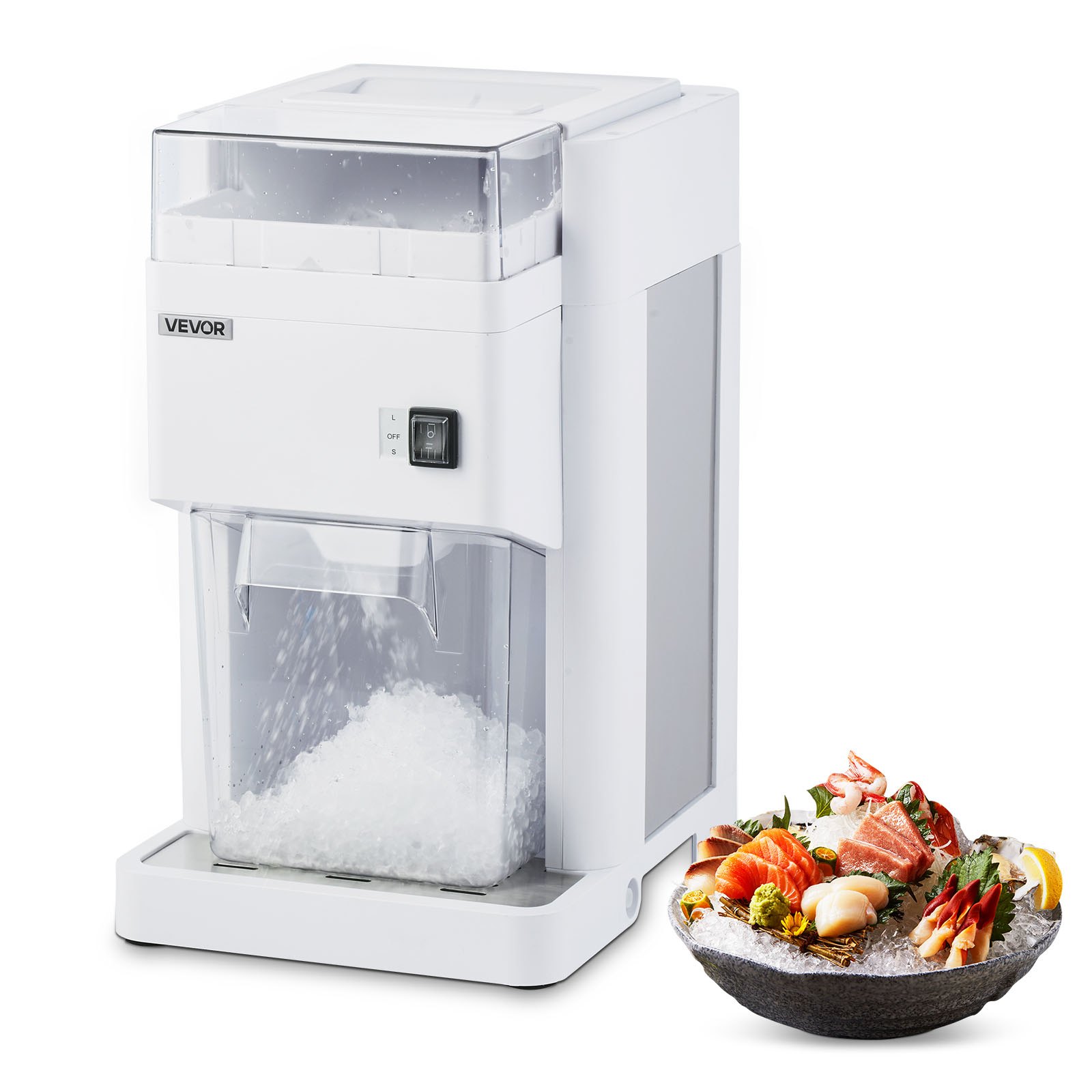 VEVOR Commercial Ice Shaver Machine, 1.91QT /1.8L Large Electric Ice Cube Crusher Shaved Maker with 300W Premium Motor, Stainless Steel Blades, for Bar Mixing Seafood Preservation Home Party, White