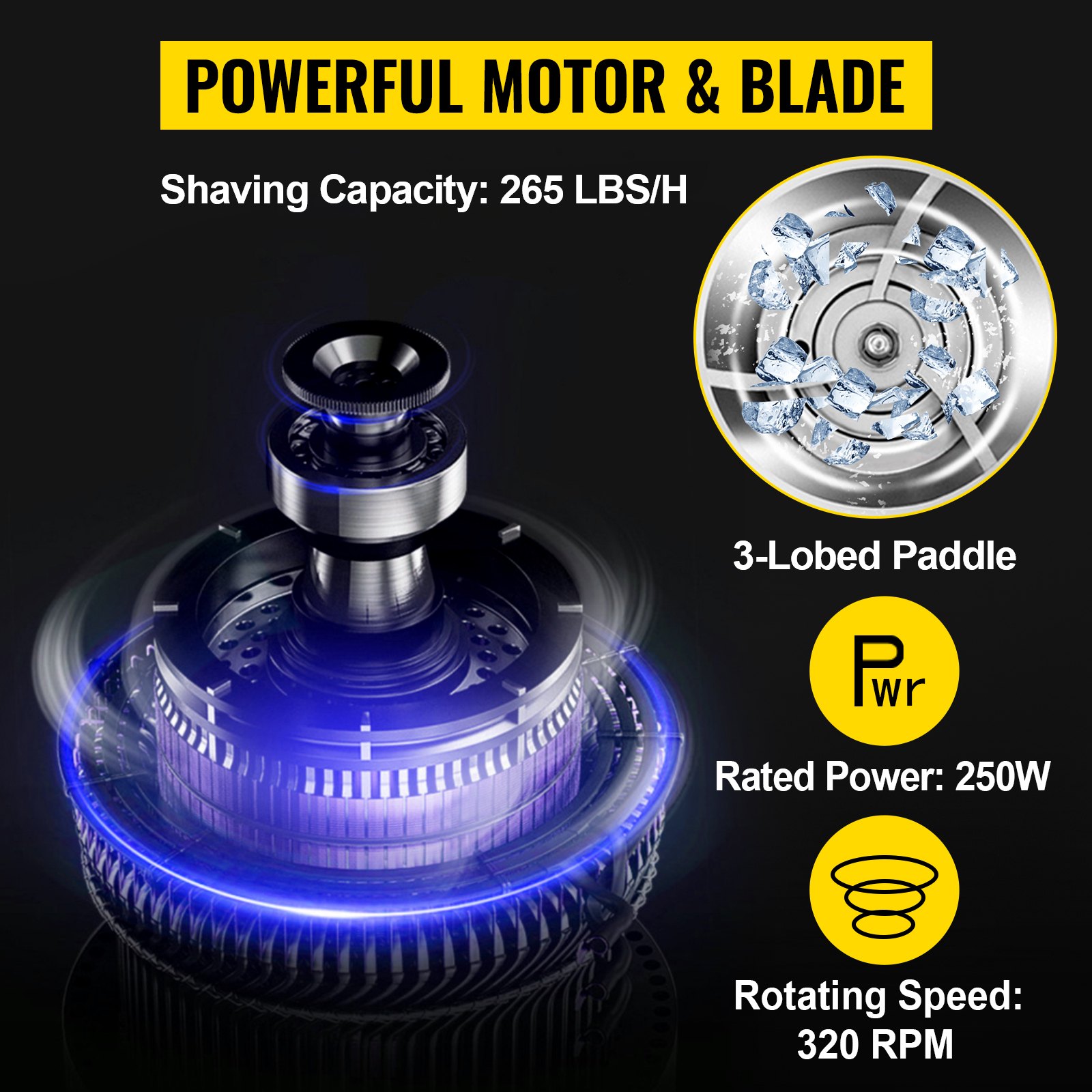 VEVOR Ice Shaver Machine Electric, Snow Cone Machine Commercial 265 LBS/H, Shaved Ice Machine with Ice Hopper & Lid, 250W Ice Crusher with Drain Pipe Tabletop Shaved Ice Maker with Adjustable Fineness