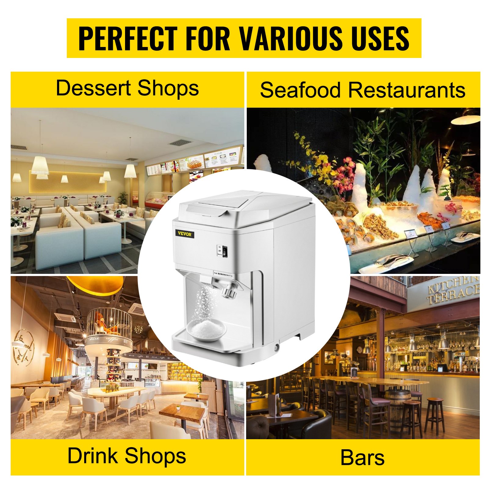 VEVOR Ice Shaver Machine Electric, Snow Cone Machine Commercial 265 LBS/H, Shaved Ice Machine with Ice Hopper & Lid, 250W Ice Crusher with Drain Pipe Tabletop Shaved Ice Maker with Adjustable Fineness