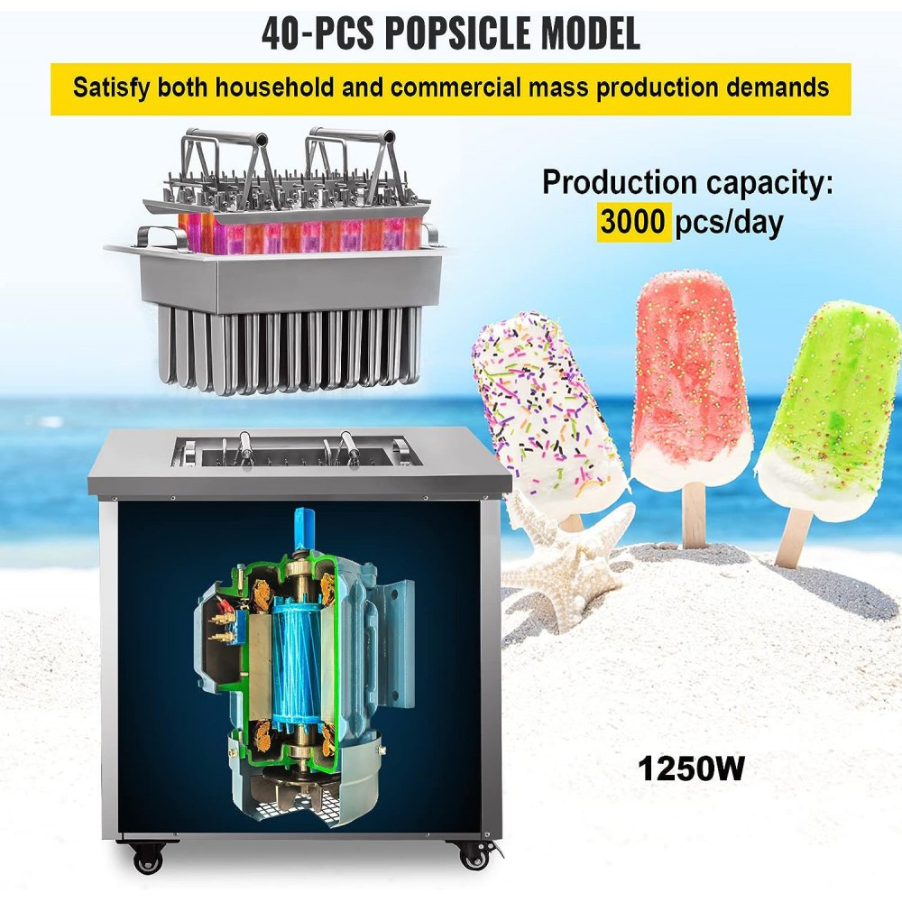 VEVOR Commercial Popsicle Machine Single Model Set Commercial Ice Pop Machine 40 Pcs Ice Lolly Making Machine Stainless Steel Popsicle Making Machine with Lollipop Set for Bars, Cafes, Milk-Tea Stores