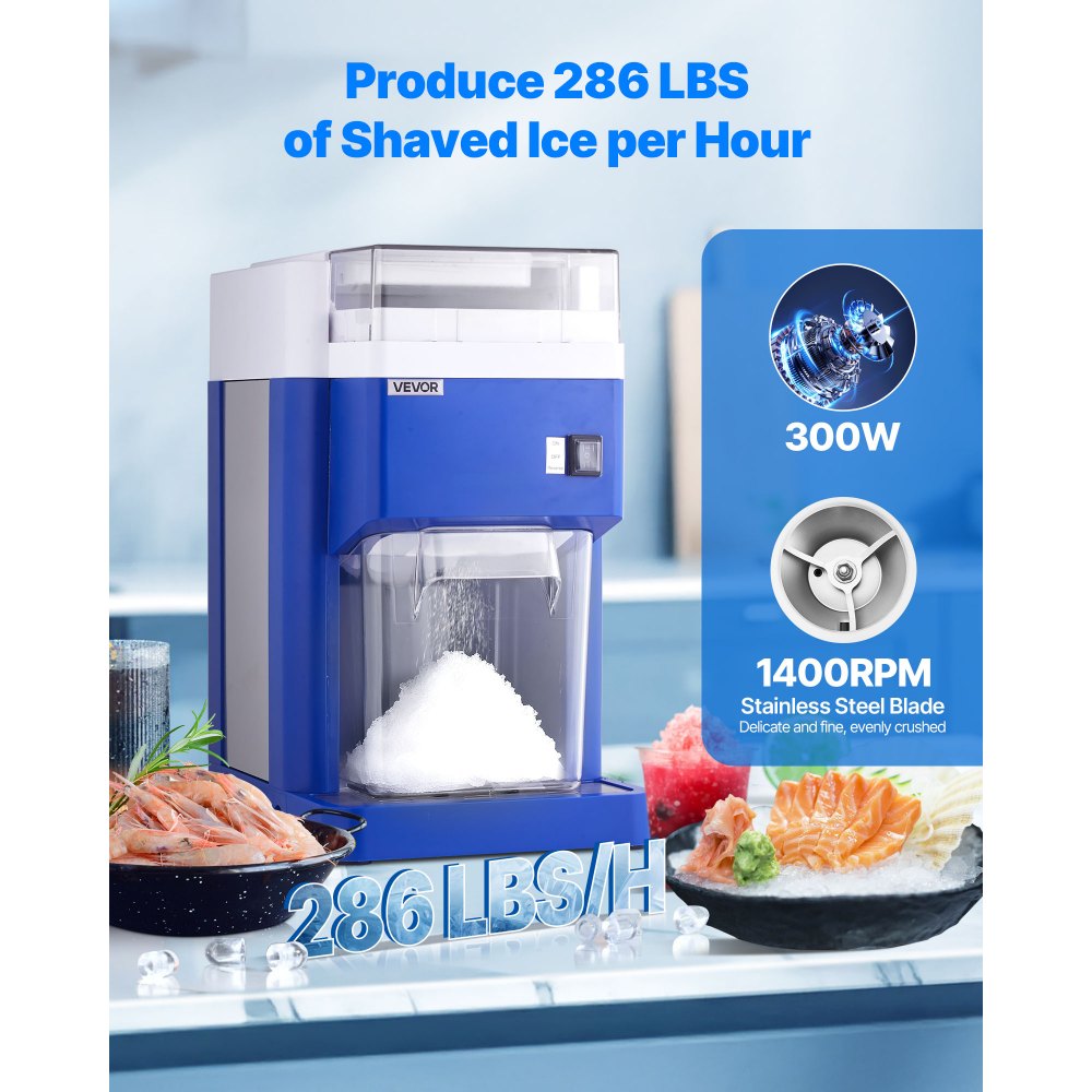 VEVOR Commercial Ice Shaver Machine, 1.91QT /1.8L Large Electric Snow Cone Machine, Fine & Fluffy with 300W Motor, Stainless Steel Blades, Shaved Ice Maker for Dessert Shop Home Party Restaurant, Blue