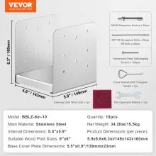 VEVOR 152.4x152.4 Post Base, 10Pcs Stainless Steel Adjustable Post Anchor Bracket(Internal 150 x 139.7), Adjustable Post Base for Pavilion Deck Porch Handrail Railing Support Decorative Anchor Plate