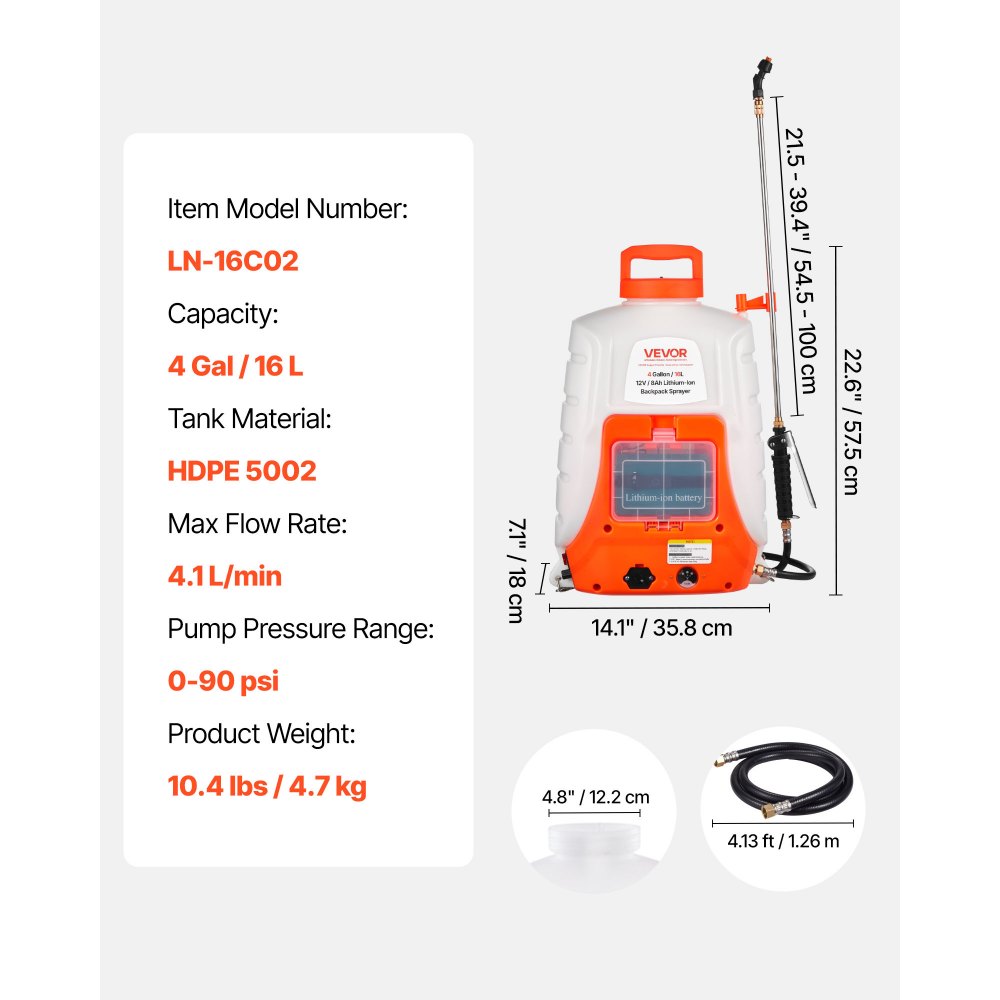 VEVOR Battery Powered Backpack Sprayer 15.1 L Tank 0-90 PSI Adjustable Pressure