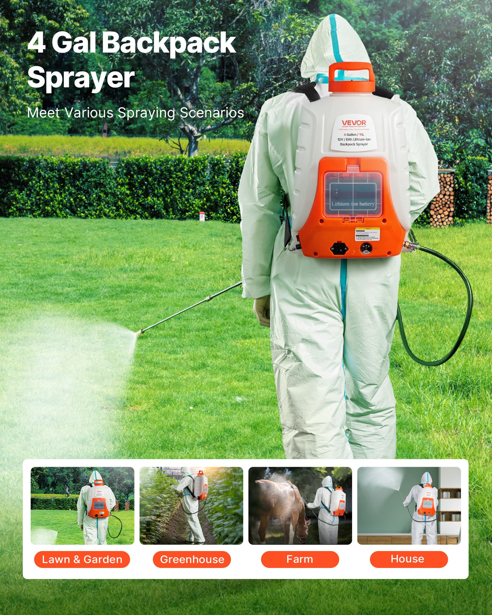 VEVOR Battery Powered Backpack Sprayer 15.1 L Tank 0-90 PSI Adjustable Pressure