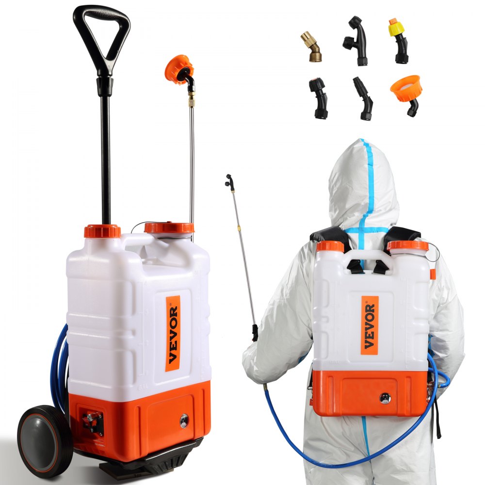 VEVOR Battery Powered Backpack Sprayer with Cart, 0-94 PSI Adjustable Pressure, 4 Gallon Tank on Wheels, with 8 Nozzles and 2 Wands, 12V 7.2Ah