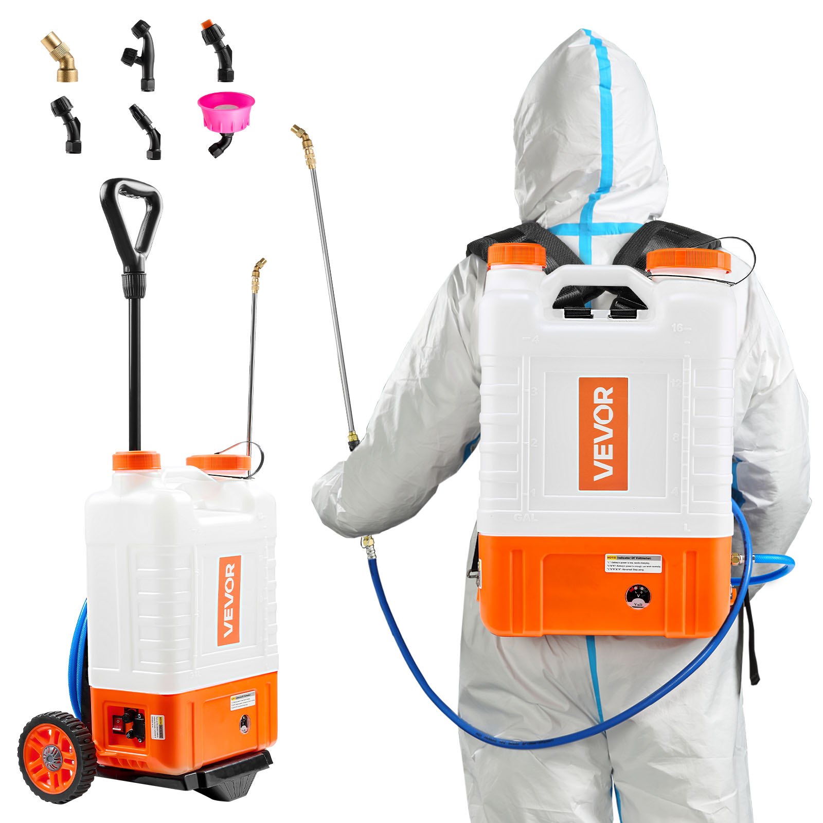 VEVOR Backpack Sprayer with Trolley, Adjustable Pressure 0-94 PSI, 15L Tank on Wheels, with 6 Nozzles, 2 Wands, Wide Mouth Lid for Garden, Weeding, Spraying, Cleaning