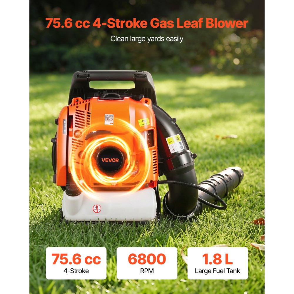 VEVOR Backpack Leaf Blower, 75.6CC 4-Stroke Engine Gas Powered Leaf Blower with 1.8L Fuel Tank, 1045 m³/h Air Volume, 317 km/h Speed, Ideal for Lawn Care, Leaves Cleaning, Yard Debris & Snow Removal